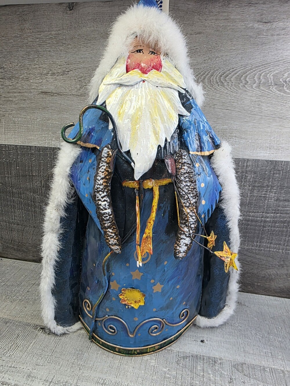 1960s Olde Worlde Tin Santa Tree Topper Christmas Distressed Metal Fur 18" g64